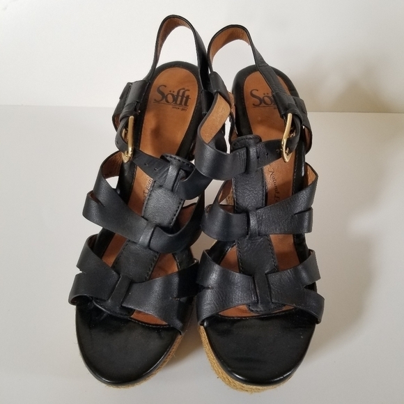 SOFFT Black Leather Heeled Wedge Espadrille Sandals Size 9.5 - Picture 6 of 7